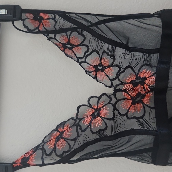 Floral Embroidered Sheer Halter Bodysuit Lingerie - Black and Pink - Picture 2 of 5